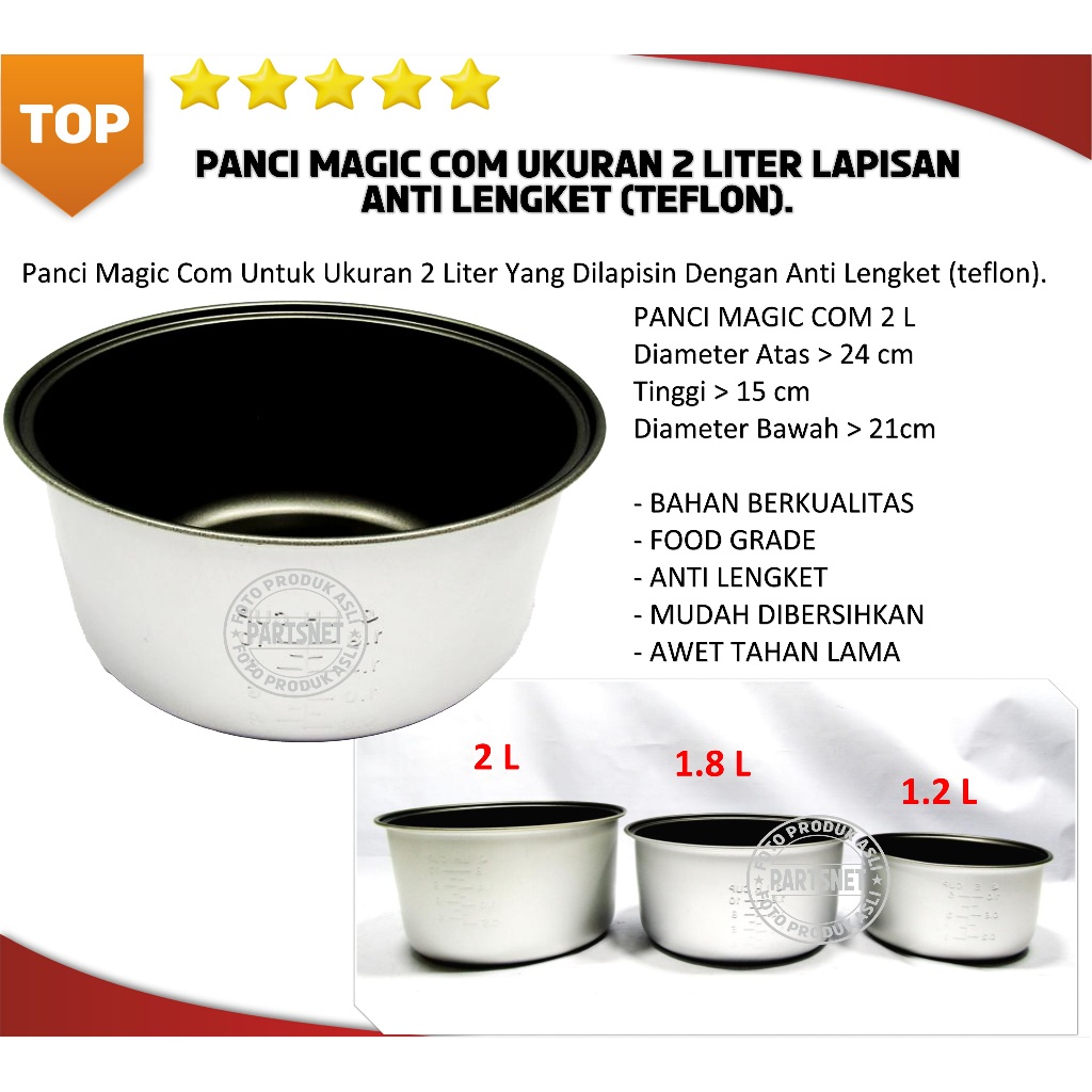 Panci Magic Com Ukuran 2 Liter Lapisan Anti Lengket (teflon).