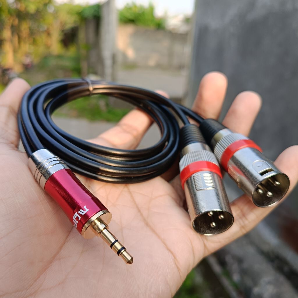 Kabel HP Ke Mixer Maki ta Jack 3.5 mm to Dual XLR Male / Dual Akai 6.5 Tembaga Murni Canon XLR Kabel