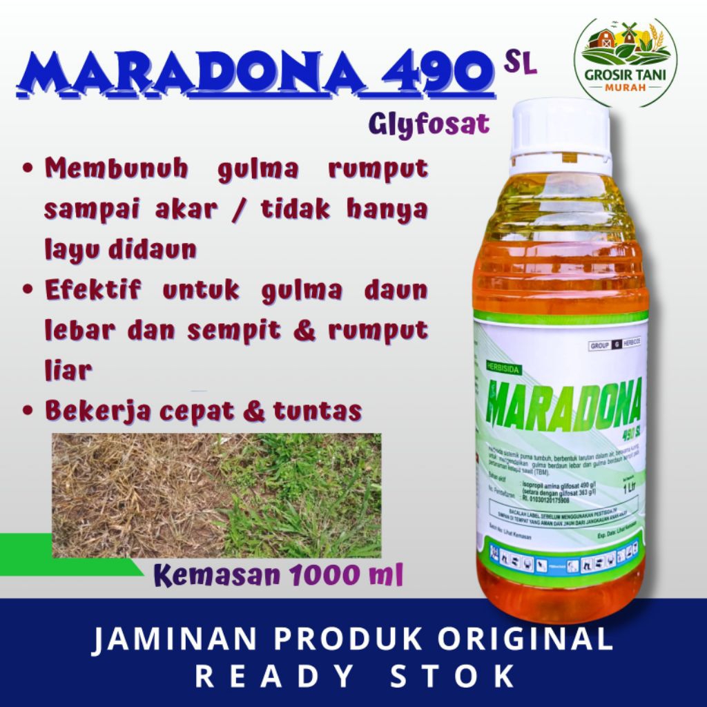 MARADONA 490 SL Glyfosat  – 1 Liter Herbisida Sistemik Paling Efektif dan Ampuh, Gulma Mati Total sa