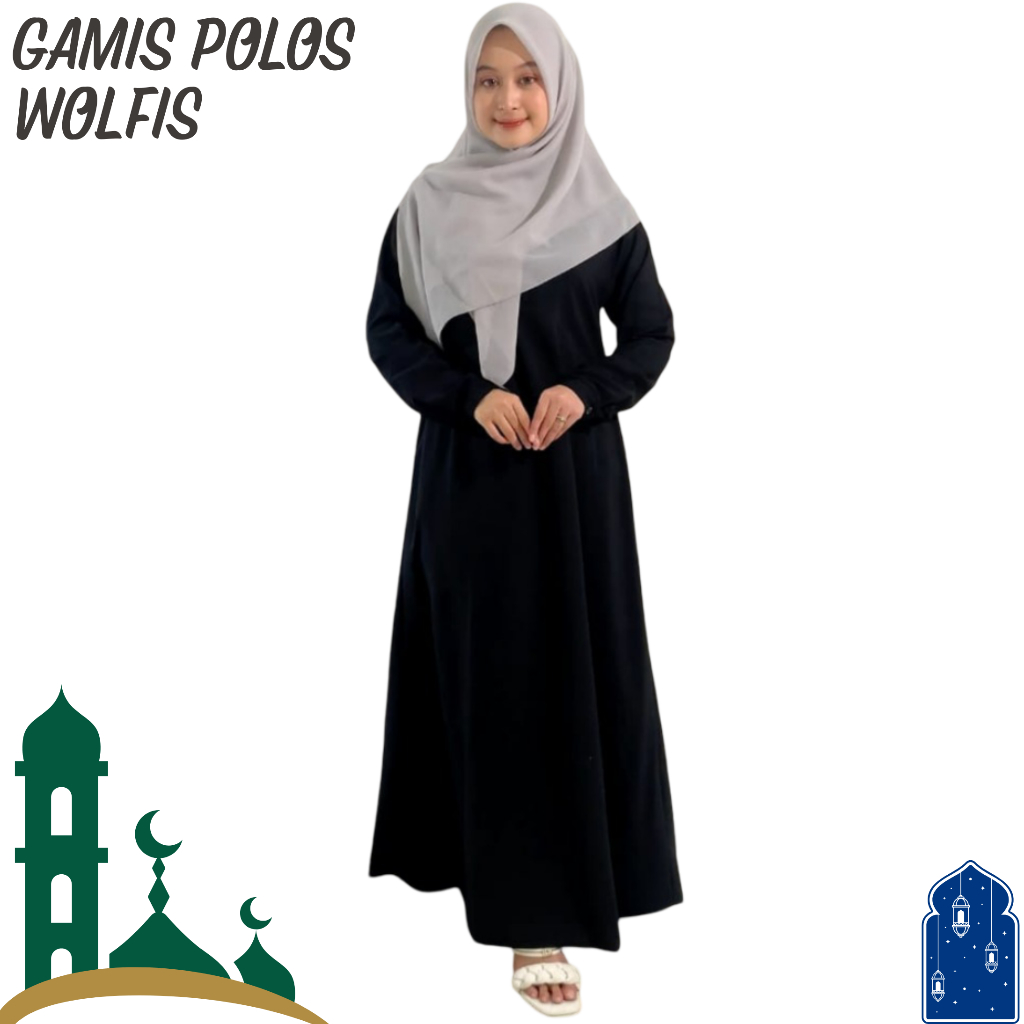 Baju Muslim Wanita Gamis Polos Wolfis Hitam Lengan Karet