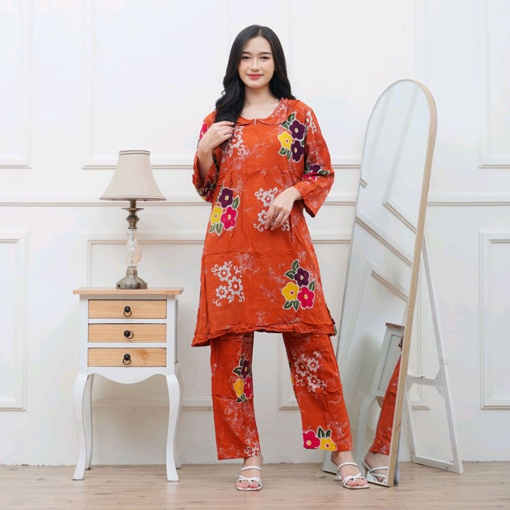 Setelan Celana Panjang Tunik Safira Bunga Batik Pekalongan