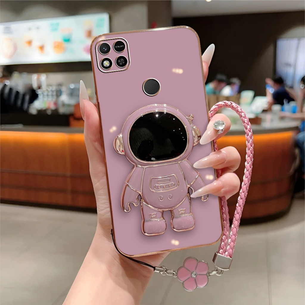 Soft Case Redmi 10A 9C 9 10 Prime 4G Luxury Plating Astronot Holder Free Tali Bunga Lanyard Premium