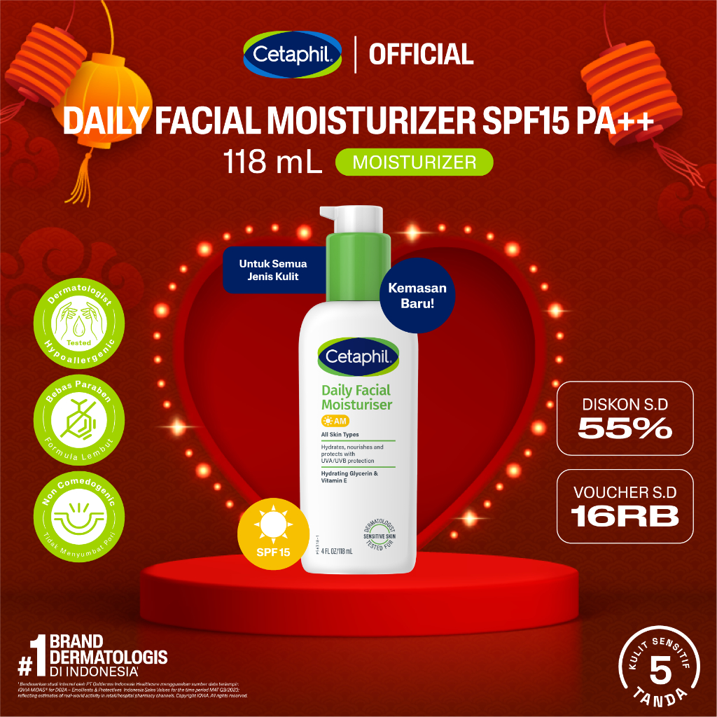 Cetaphil Daily Facial Moisturizer SPF 15/PA ++ 118ml dengan SPF 15 dan PA++ Pelindung dan Pelembap W