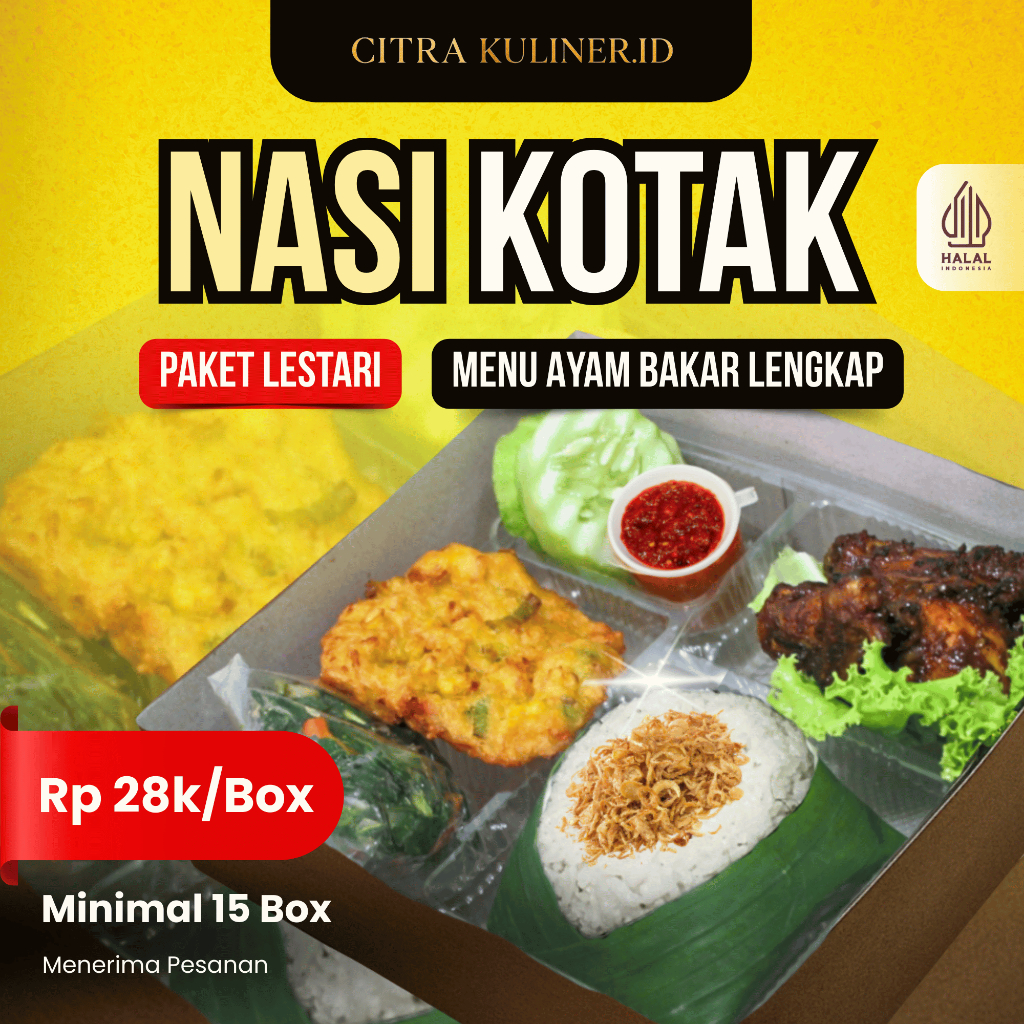 Nasi Kotak Paket Lestari, Nasi Liwet + Ayam Bakar/Goreng + Bakwan Jagung + Tumis Singkong & Sambal