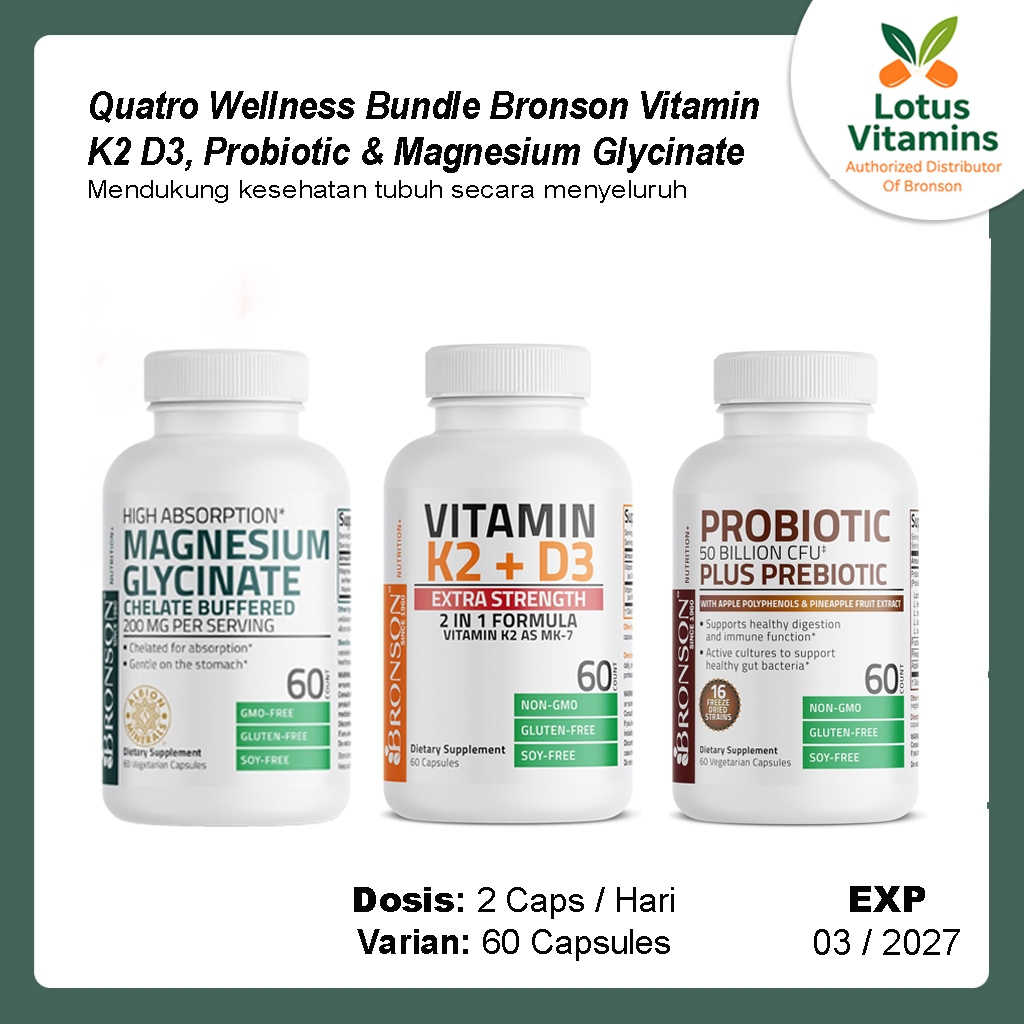 Quatro Wellness Bundle Bronson Vitamin K2 D3, Probiotic & Magnesium Glycinate