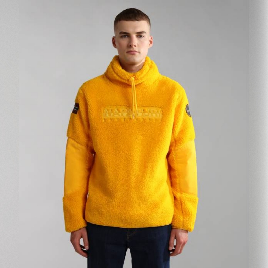Napapijri Teide T2 Yellow Ray Original Fleece Sherpa Pria Lembut Tebal Hangat Logo Patch