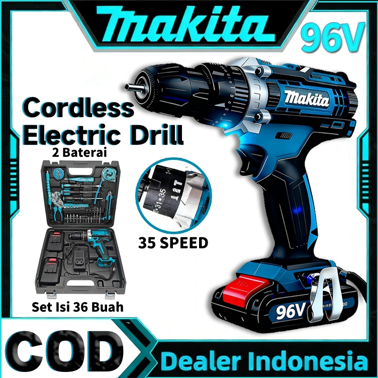 MAKITA 96V Mesin bor 2baterai cas 10mm bor listrik murah bor tangan baterai besi tembok Beton kayu C