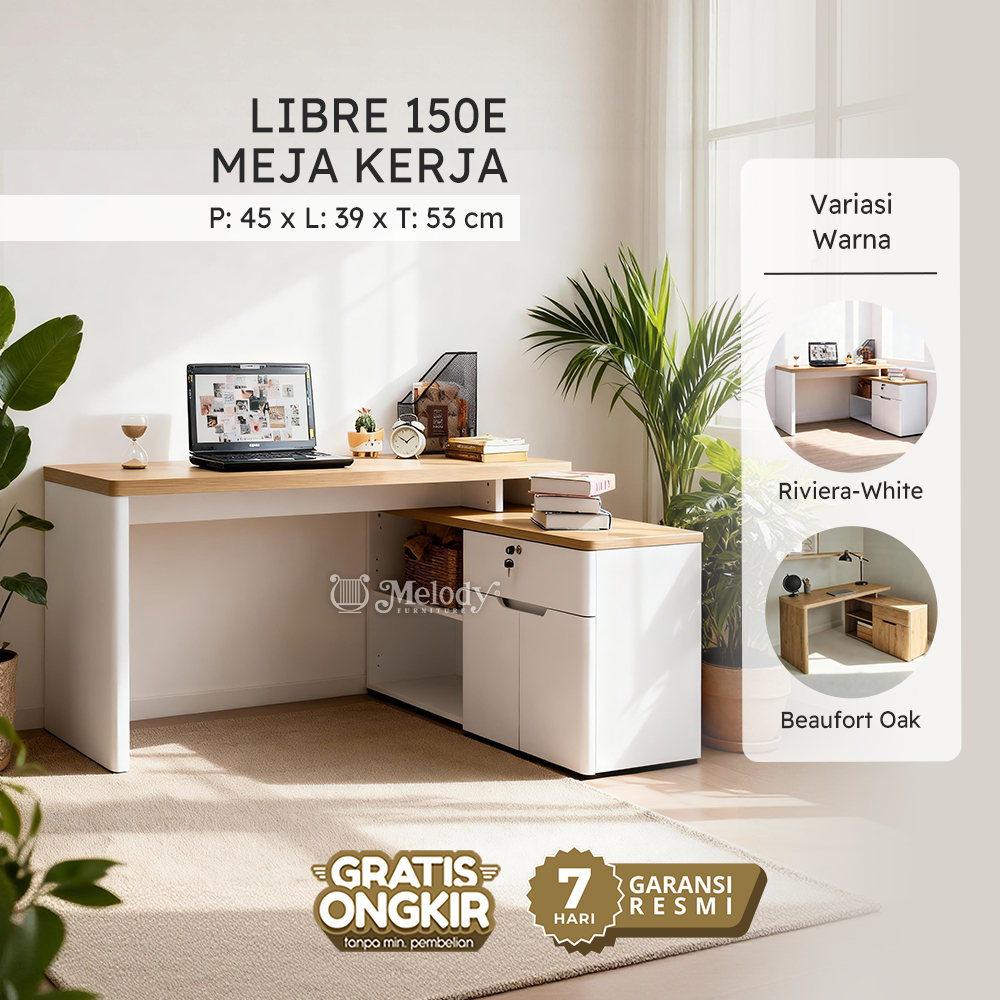 Melody Furniture - Meja Kerja Sudut Meja Belajar Kantor Tipe L Minimalis Modern - LIBRE 150 cm