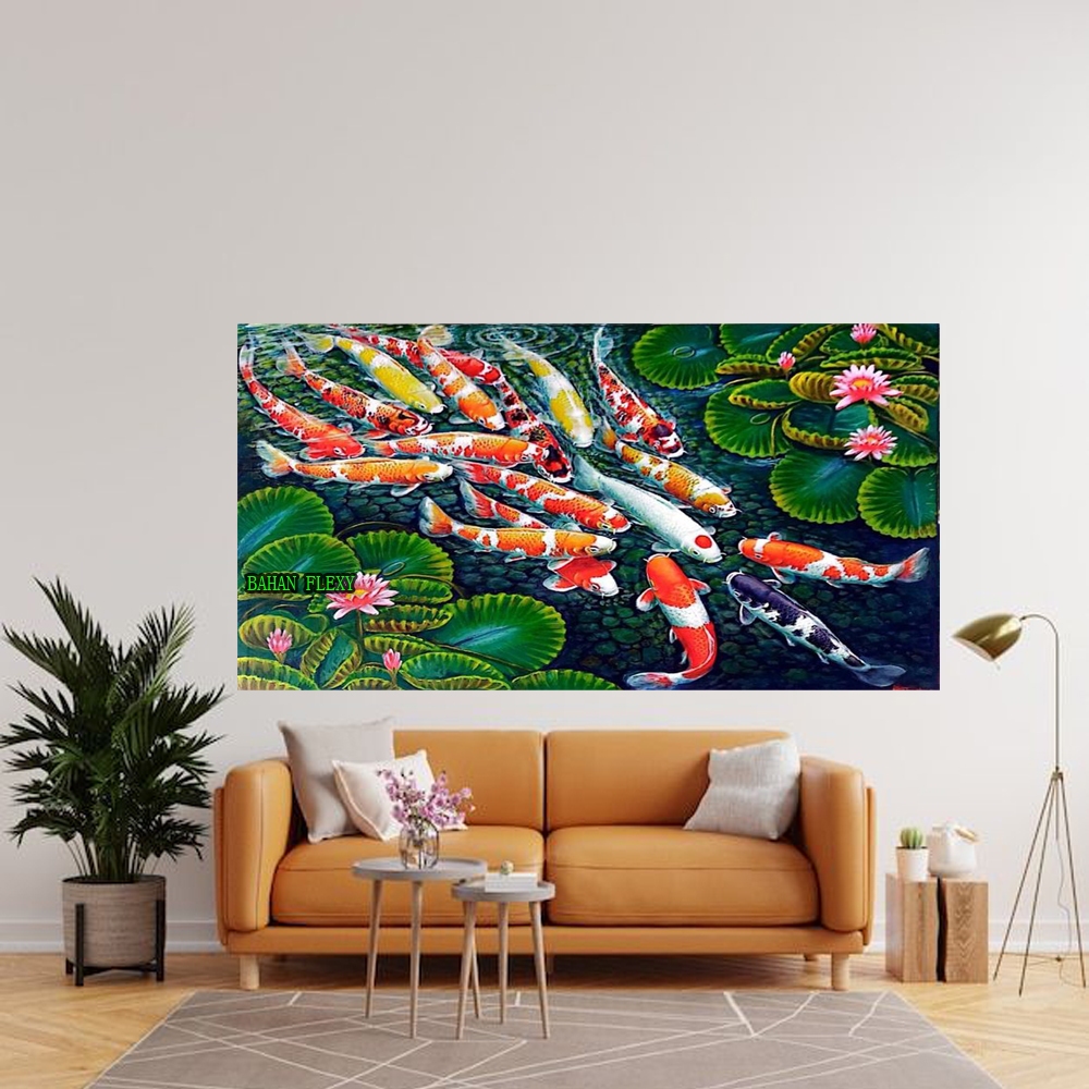 Lukisan Cetak Hiasan Dinding Jumbo IKAN KOI 18 HAPPY HOKI TREN,Tanpa Bingkai,Bisa Bayar Ditempat COD