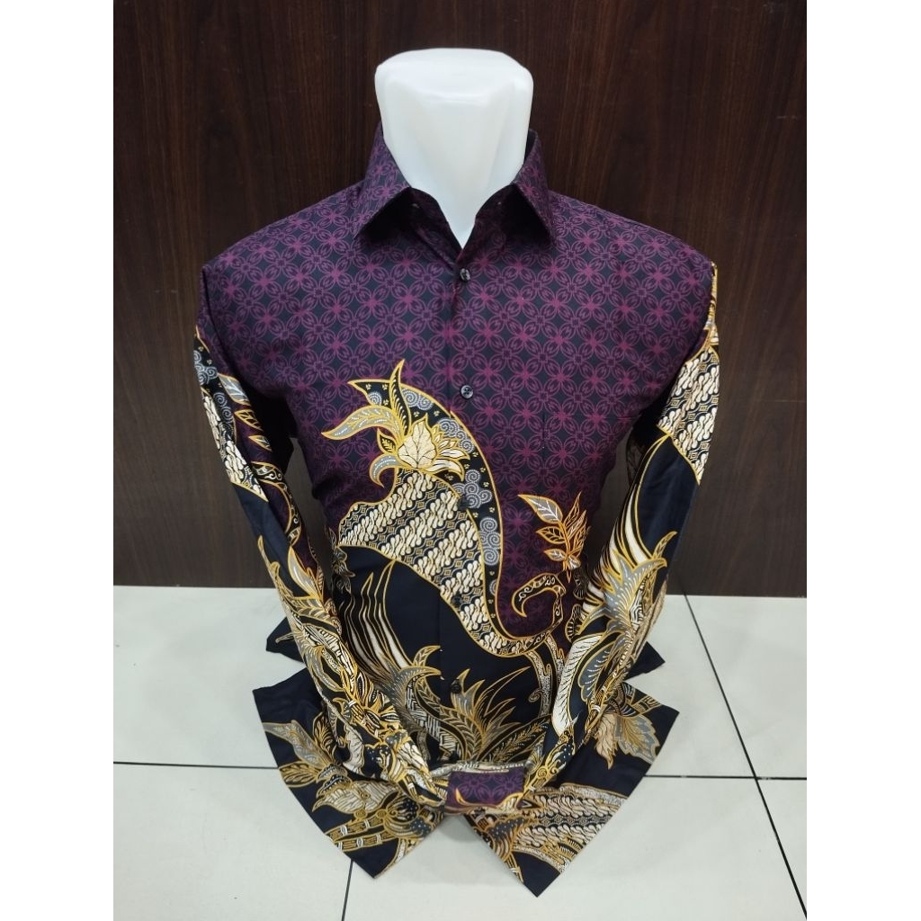 Alisan Kemeja Batik Pria Motif Kawung Bunga Gold Lengan Panjang Slimfit