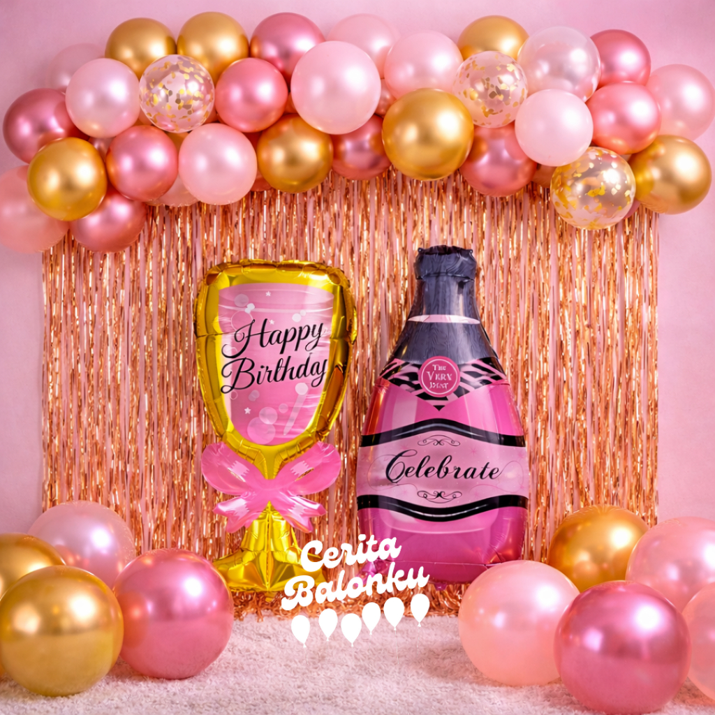 Dekorasi Balon Ulang Tahun chapage pink Set
