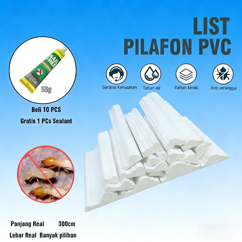 List Plafon PVC Wall Moulding PVC Anti rayap lebar 4cm, 6cm dan 8cm/ List Molding Murah