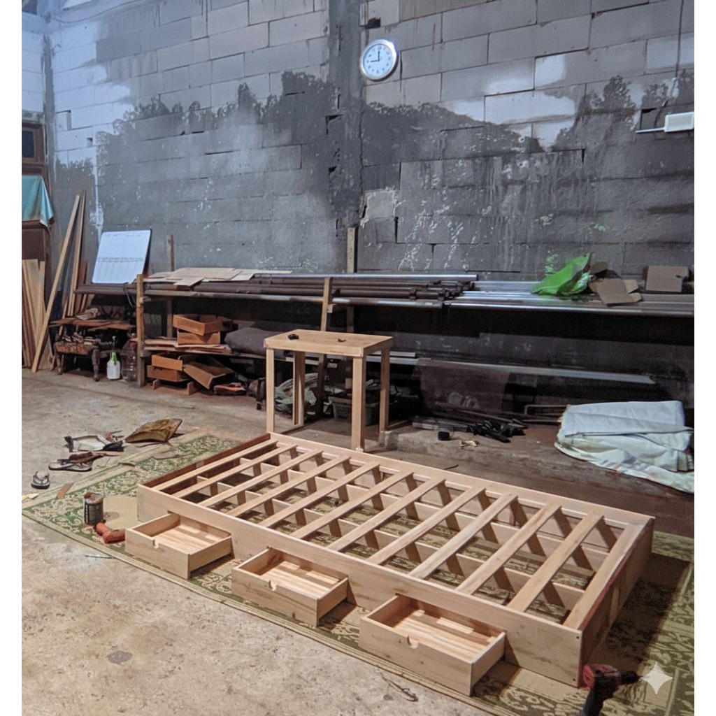 dipan kasur 3 laci kayu mahoni solid