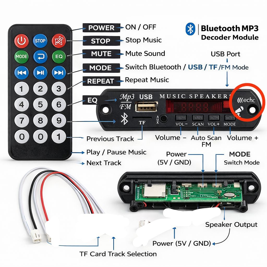 Modul Bluetooth MP3 USB/TF/FM/AUX + remote – LED Display Efek echo