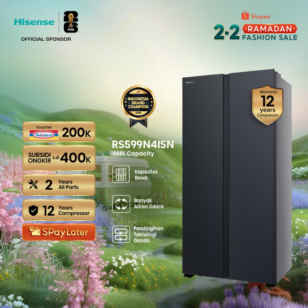 Hisense Kulkas RS599N4ISN Refrigerator Side By Side Kapasitas 468L Warna Abu Inverter Pro Tanpa Bung