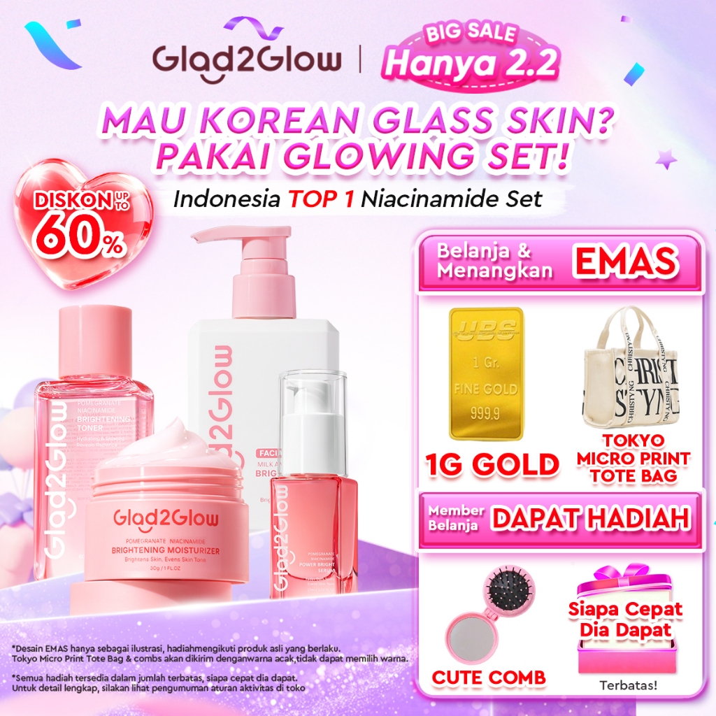 [Cocok Untuk Pemula]Glad2Glow Cerah Glowing Bundle 4in1-Brightening Moisturizer+Serum+Cleanser+toner