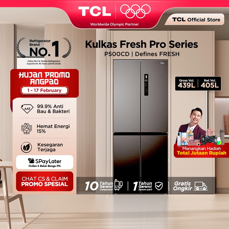 TCL Kulkas 4 Pintu - Kapasitas 439L - Twin Eco Inverter - Tanpa Bunga Es - Lemari Es - P500CD