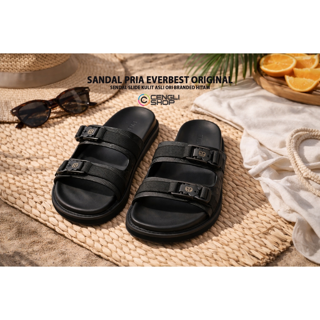EM04 SANDAL PRIA EVERBEST ORIGINAL SENDAL SLIDE KULIT ASLI ORI BRANDED HITAM