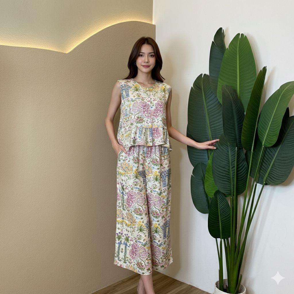 One Set Kutung Celana Kulot 7/8 Rayon Premium piyama oneset rayon motif/ setelan wanita kekinian jum