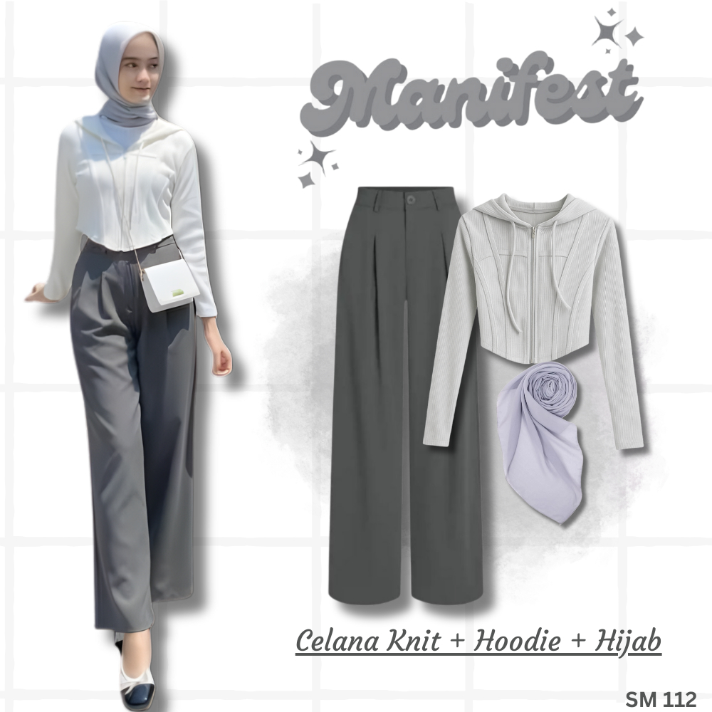 Manifest - Setelan Wanita Hijab Kekinian 3IN 1 ( Celana Knit , Hoodie Crop , Hijab Bella Square ) OO