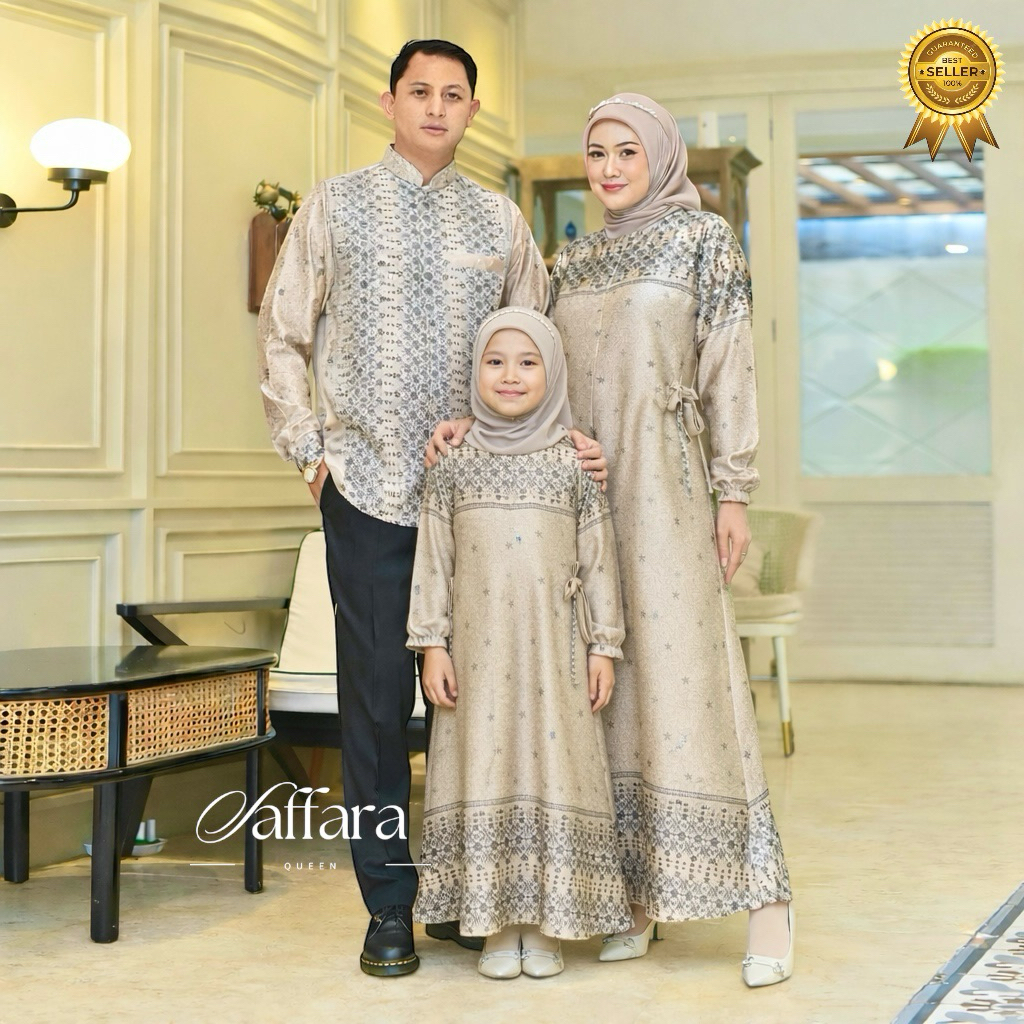 Gamis couple sarimbit keluarga silk motif Bella gamis dewasa kemeja ayah gamis anak warna cream navy