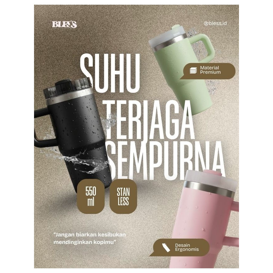 Tumbler Bless® Kopi 550ml – Stylish Thermal Mug with Lock Lid & Wide Handle | Warna Bold Kekinian | 