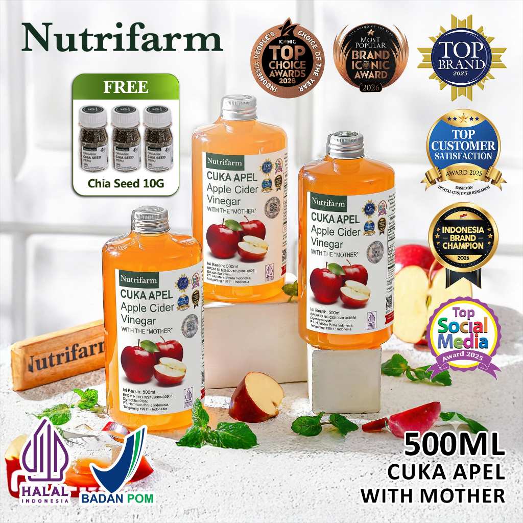 Nutrifarm Cuka Apel 500ml Bundle 3 Pcs With Mother FREE Chia Seed 10gr