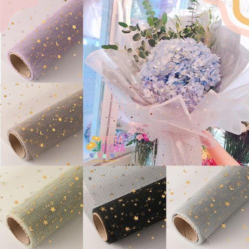 [1 Roll 5 Yard] Kain Tile Bucket Bunga Motif Bulan Bintang Gold / Flower Wrapping Tile Glitter Jarin