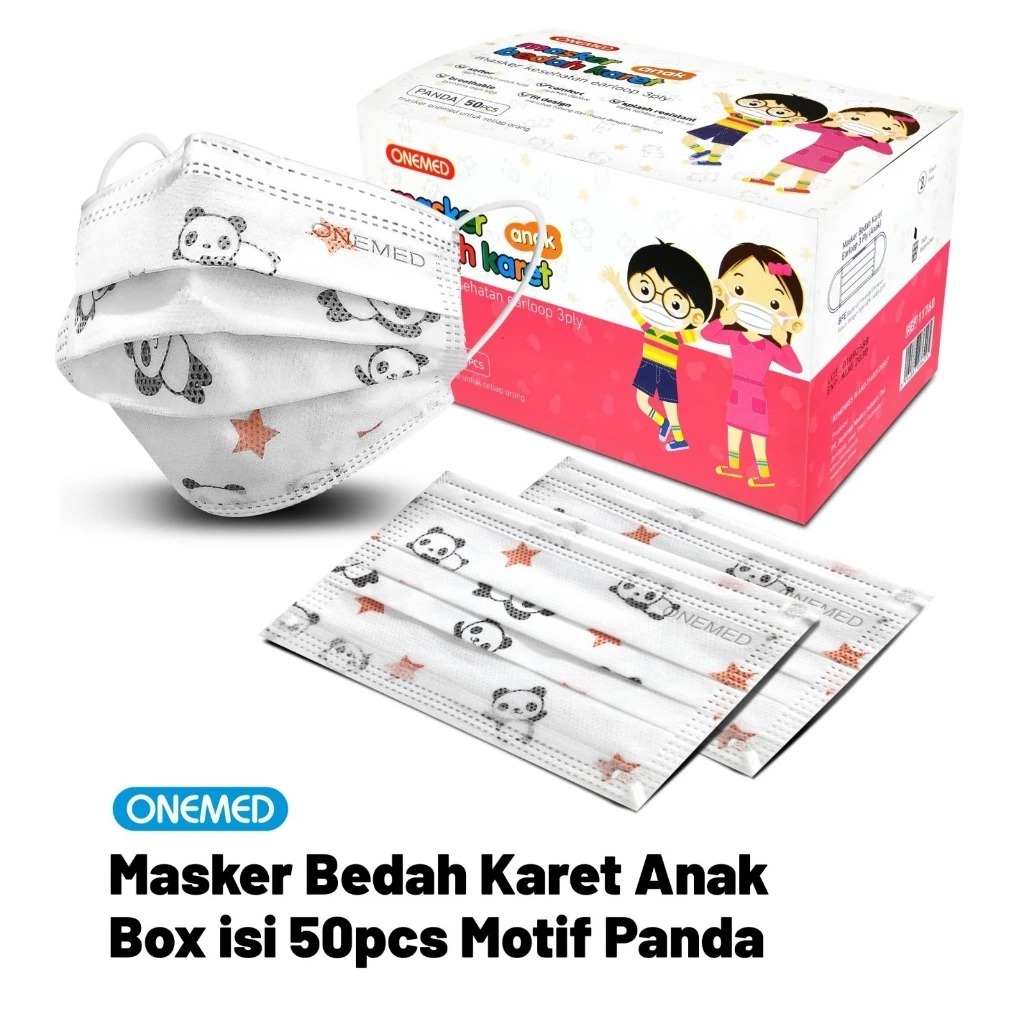 Masker Duckbill Anak Karet Onemed 3ply 25's / Masker Medis Karet Anak Motif Meow OneMed 3ply Box Isi
