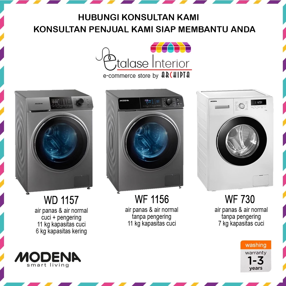 Modena Mesin Cuci Laundry atau dengan Pengering 11 kg, 7 kg CALMA WD 1157, WF 1156, TIZIANO WF 730