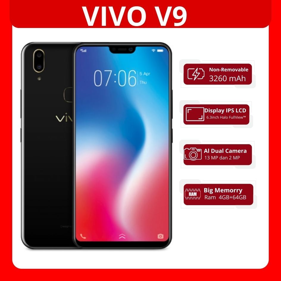 Handphone vivo V9.asli Ori Smartphone RAM 4GB+64GB LCD 6.3'FULLSET