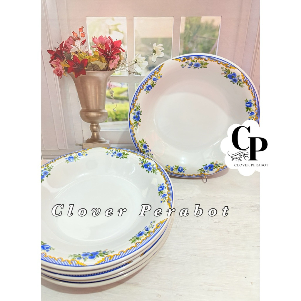 Piring Makan Keramik 9 Inch Bunga Biru Lucky Keramik/ Piring Cekung / Piring Lucky Keramik /