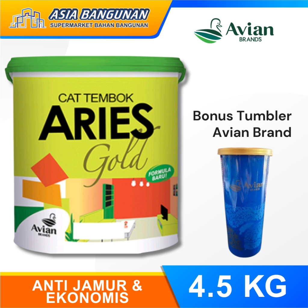 Avian Cat Tembok Aries Gold 4.5Kg Cat Dingding Warna Tingting Tembok Dalam Luar Rumah Anti Jamur