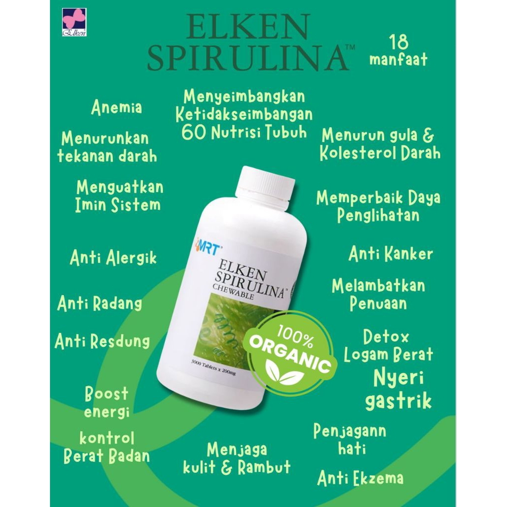 Elken spirulina 3000 tablet / Antioksidan Tinggi /100% bahan alami / protein tinggi