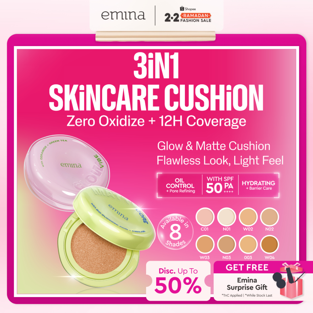 NEW Emina Glow & Matte 3in1 Skincare Cushion SPF 50 PA++++ 13 G | Flawless Lightweight Make Up Found