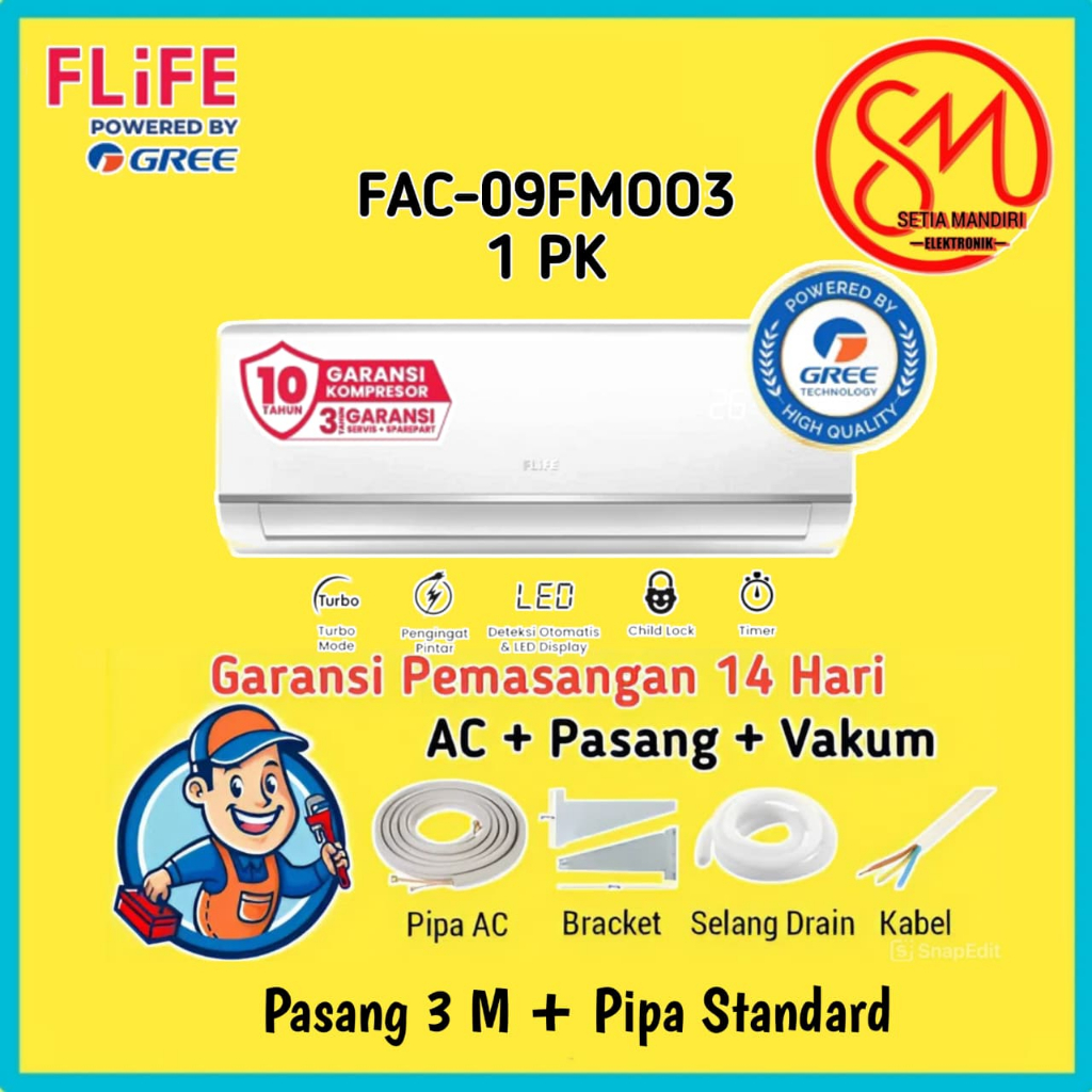 FLIFE by GREE AC 1PK Standard - Turbo Mode - LED Display - Smart Cleaner - Model FAC-09FMOO3