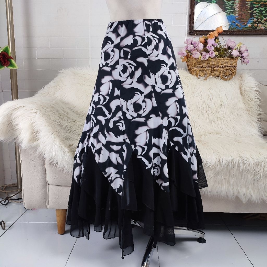 rok panjang motif bunga flare skirt rok megar flowy skirt rok rumbai