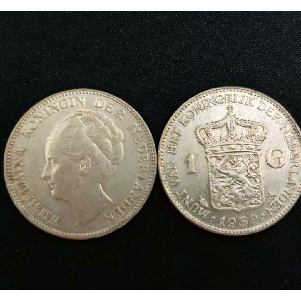 Koin perak silver Wilhelmina Asli 1 Gulden 10 Gram Tahun 1939