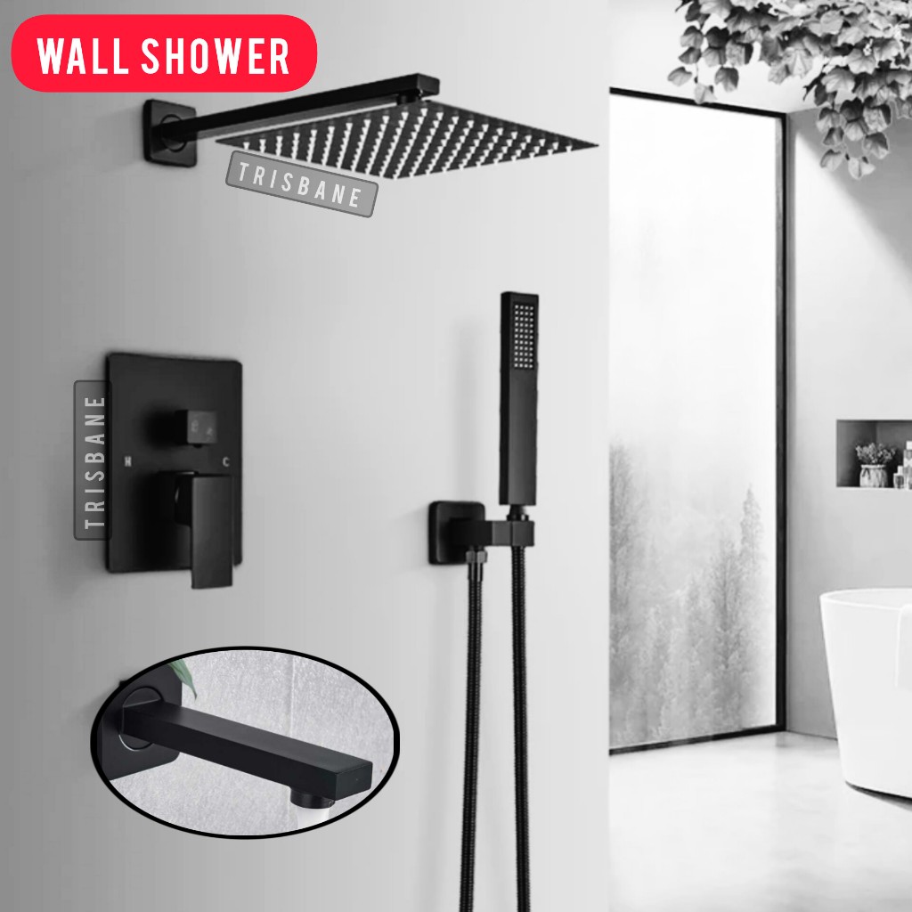 Shower Set Hitam Big Size 10 Inch Wall Shower Mandi Tanam Premium