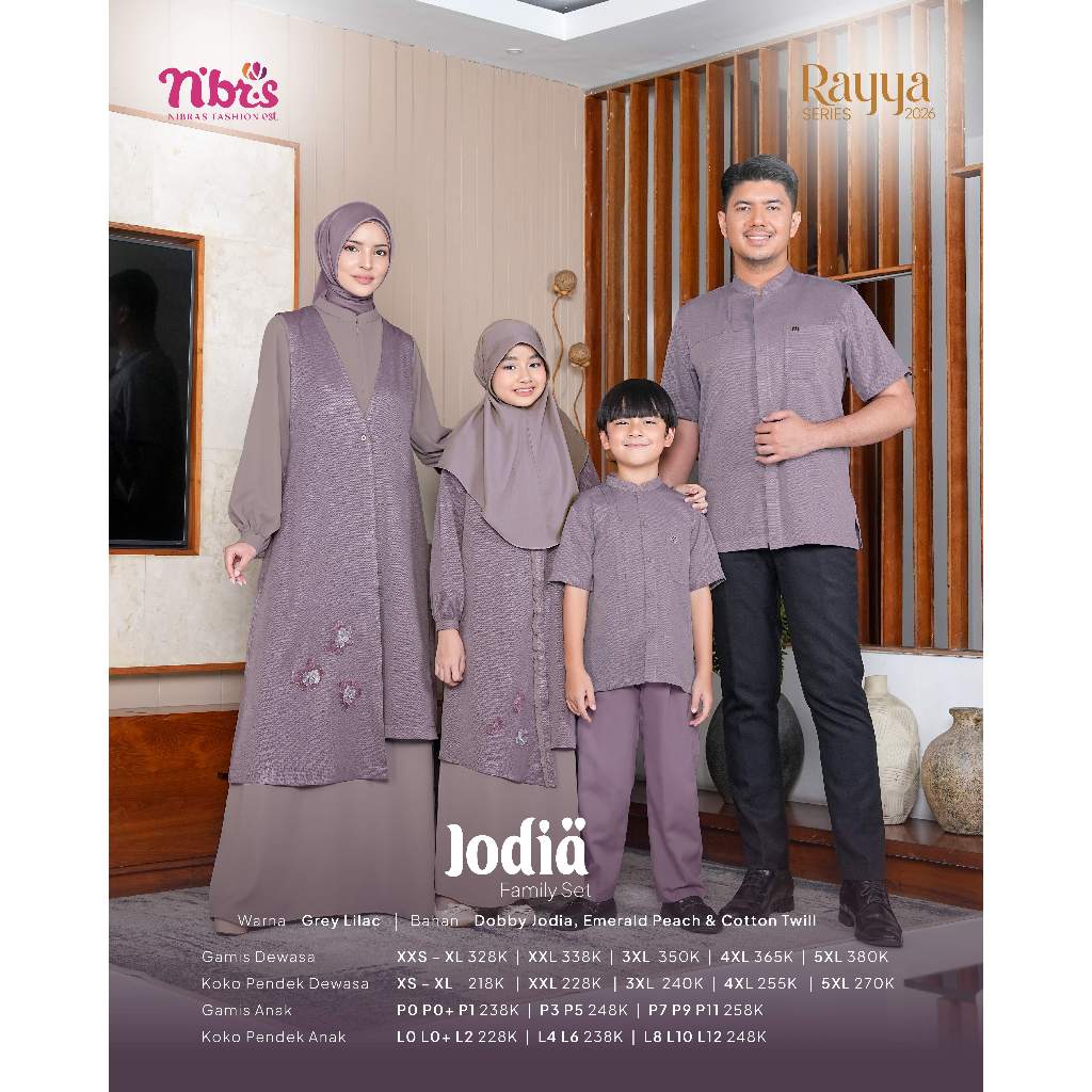 Nibras Rayya Series 2026 Baju Couple Keluarga Sarimbit Lebaran Bahan Emerald Peach MIx Dobby Jodia G