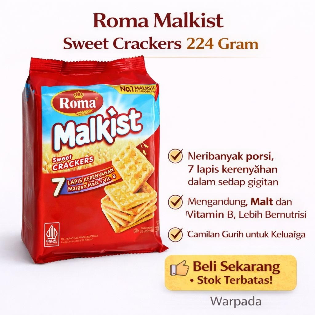 Roma Malkist Sweet Crackers 224 gram Biskuit Renyah, Gurih, Cemilan Keluarga