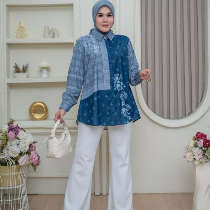Blouse Printing Premium-Kemeja Lengan Panjang Motif Kembang-Atasan Wanita Elegan