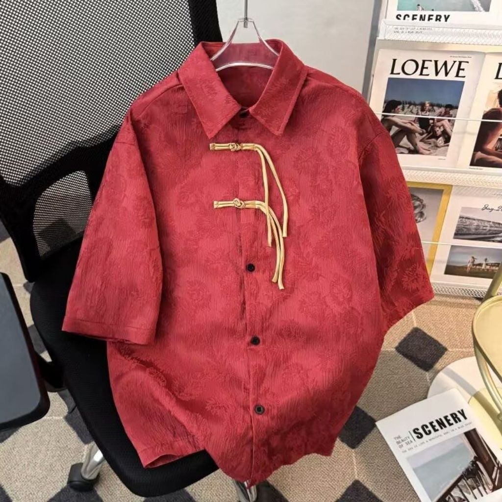 baju cheongsam pria modern merah kancing rumbai gold