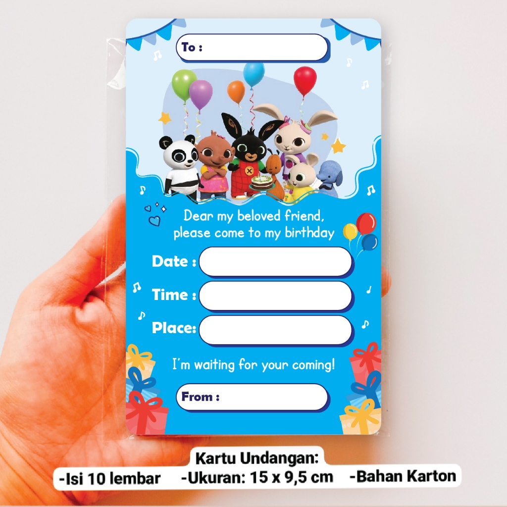 KARTU UNDANGAN BING BUNNY SULA PAKET DEKORASI ULANG TAHUN BANNER TOPPER CAKE ULTAH PLASTIK SNACK GOO