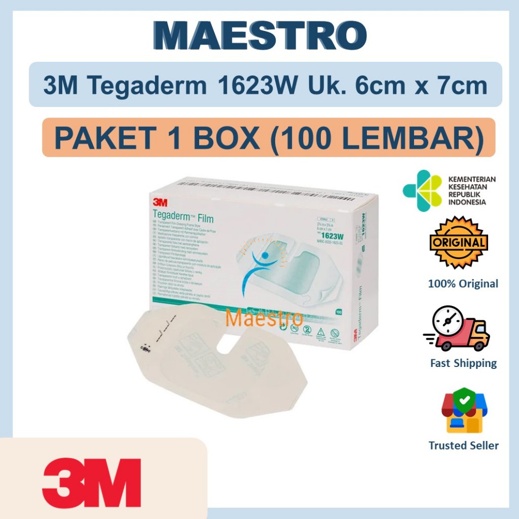 3M Tegaderm Film 1623W Box Isi 100 Lembar 6cm x 7cm Plester Transparan Anti Air Infus Set I.V 1623 W