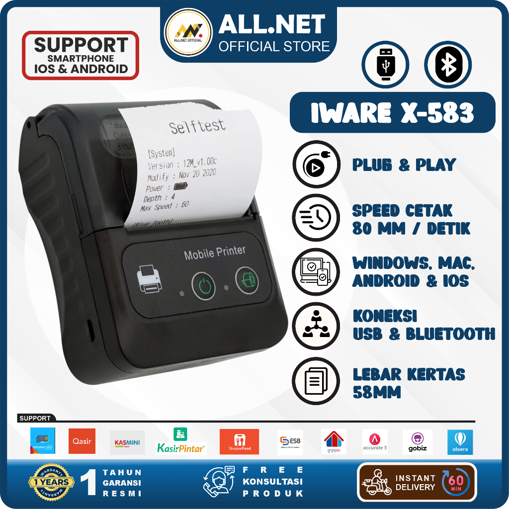 Printer Thermal Bluetooth Baterai Portable 58mm Iware USB Mobile Printer Struk