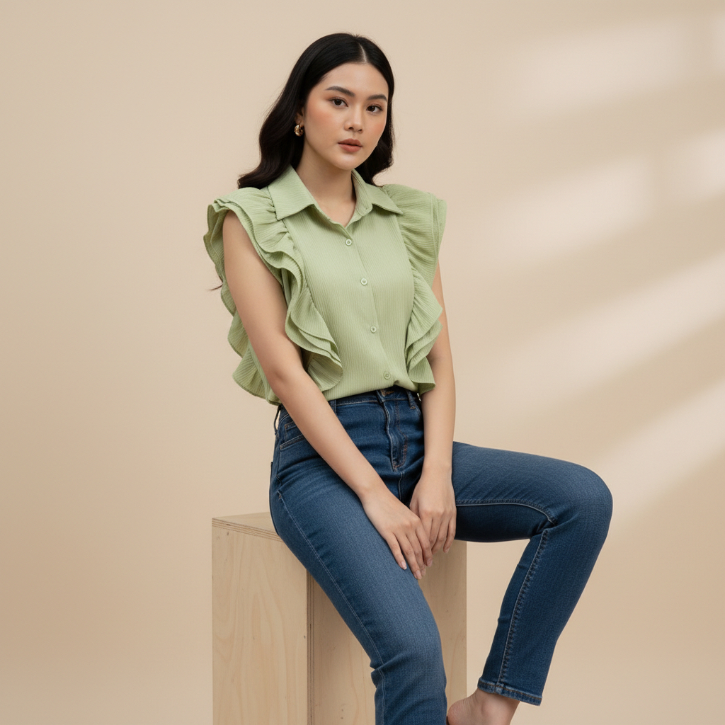 RAL OOTD Blouse Korea Tanpa Lengan V-Neck Ruffle 3 Layer Freesize