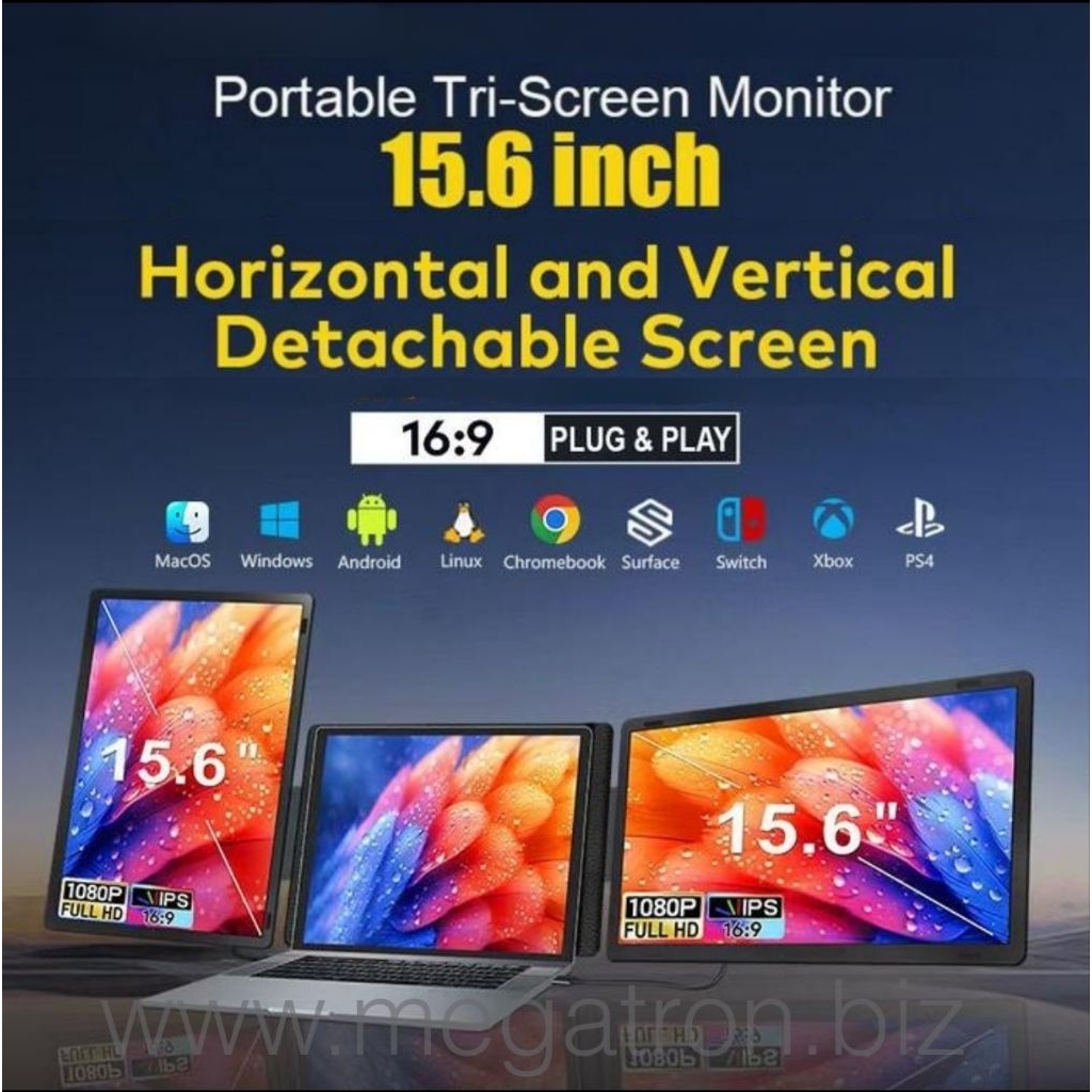 Portable Triple Screen Monitor 15.6 inch (support laptop 12-18.5 inch) - Bisa pasang Vertical atau Horizontal (Detachable)