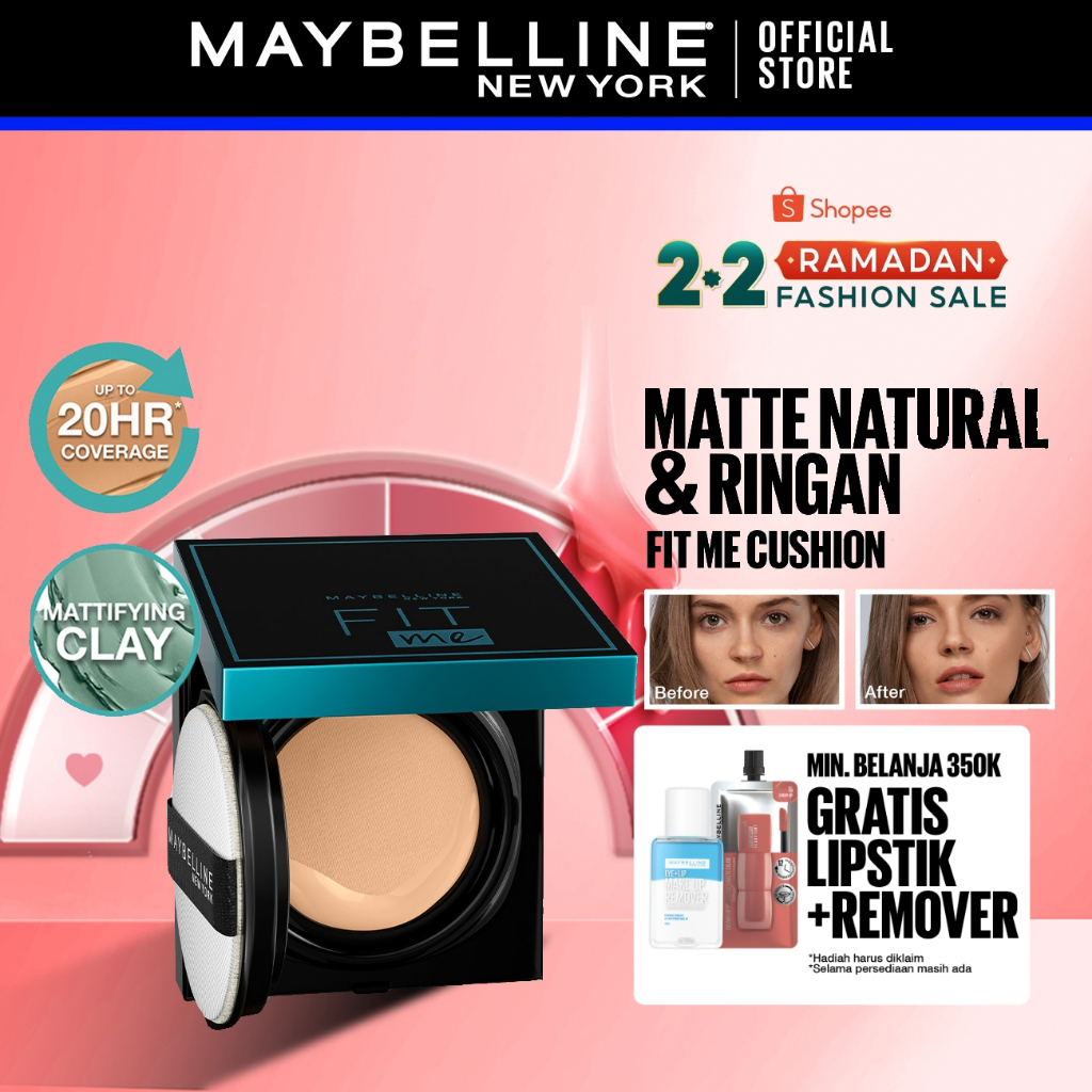 MAYBELLINE OFFICIAL Fit Me Matte+Poreless Cushion Foundation 14gr - Makeup Ringan Full Coverage Oil 