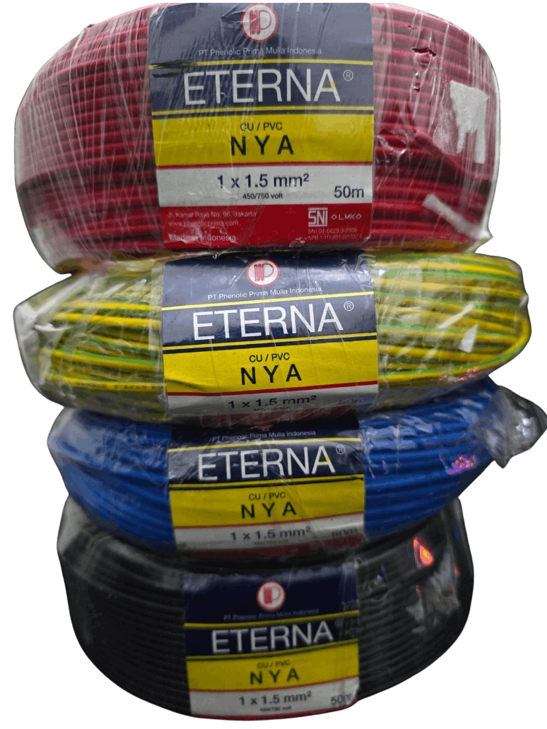 Eterna Kabel NYA 1.5mm 50m Hitam Merah Biru Kuning Hijau (Kawat Tembaga Tunggal 1.5 mm 50 m) Grosir